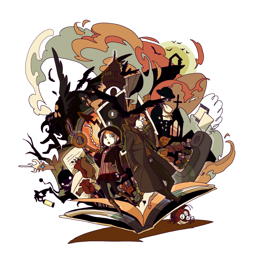 1boy, 1girl, 2009, ammobium_(folkssoul), belgae, bird, book, bowl