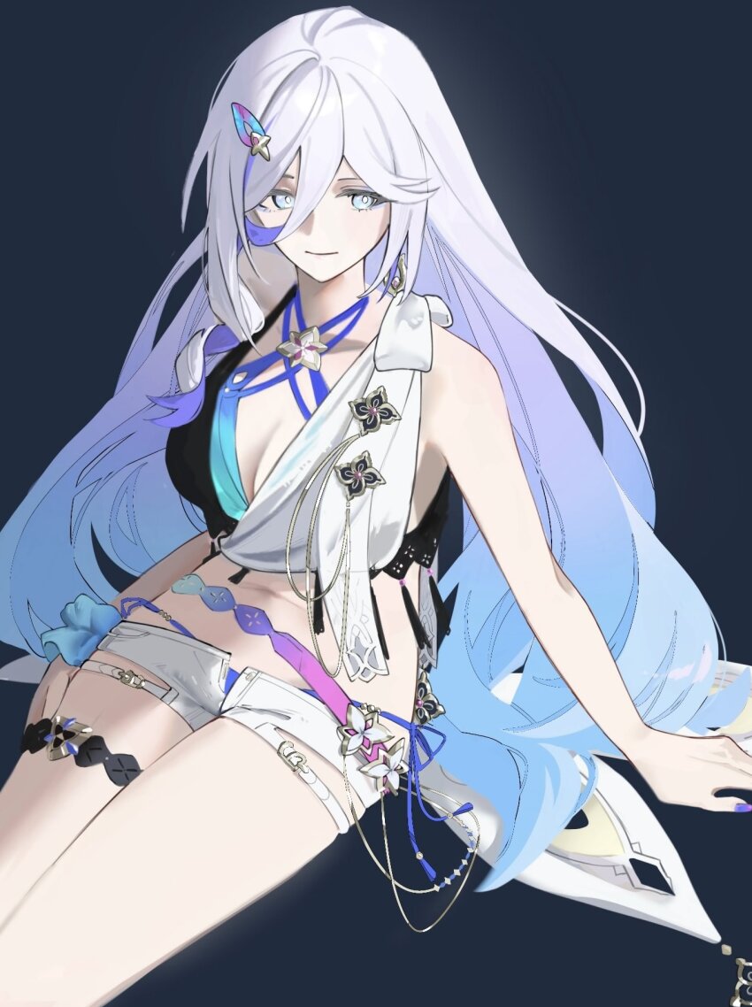 1girl, arm_support, bare_shoulders, bikini, blue_eyes, breasts, cleavage, earrings