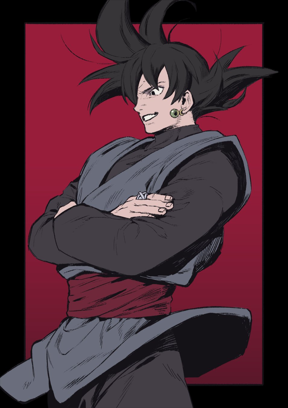 1boy, black_bodysuit, black_eyes, black_hair, black_pants, bodysuit, crossed_arms, dougi