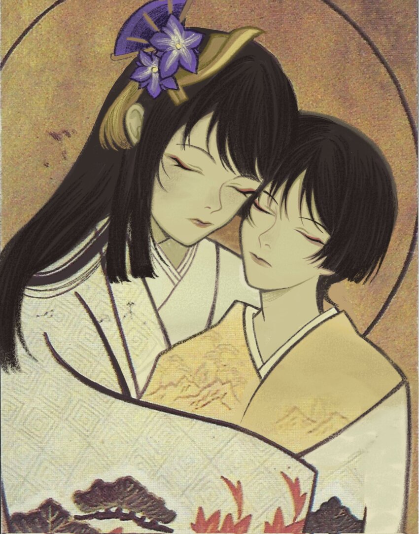 1boy, 1girl, black_hair, blunt_bangs, blunt_ends, closed_eyes, closed_mouth, eyelashes, eyeliner, eyeshadow, faux_traditional_media, fine_art_parody, flower, genshin_impact, gold, grey_lips, hair_flower, hair_ornament, halo, han'eri, heads_together, highres, japanese_clothes, kimono, long_hair, long_sleeves, makeup, mother_and_child, mother_and_son, mountain_print, nihonga, parent_and_child, parody, parted_bangs, plant_print, purple_flower, raiden_shogun, red_eyeliner, red_eyeshadow, scaramouche_(genshin_impact), sleeves_past_fingers, sleeves_past_wrists, tassel, tassel_hair_ornament, ukiyo-e, white_kimono, wide_sleeves, yellow_kimono, yourlocalwalnut