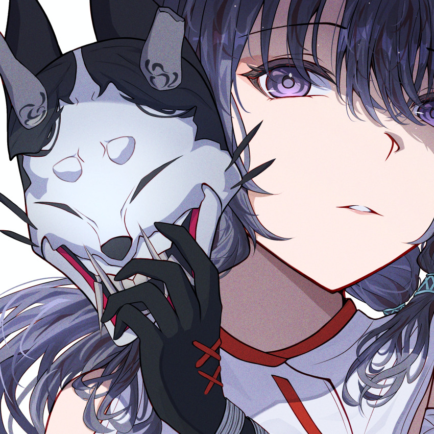 1girl, absurdres, black_gloves, black_hair, fox_mask, gloves, highres, japanese_clothes, kimono, long_hair, mask, miko, oni_mask, parted_lips, punishing:_gray_raven, purple_eyes, selena_(pgr), solo, unworn_mask, white_kimono, yaraaa