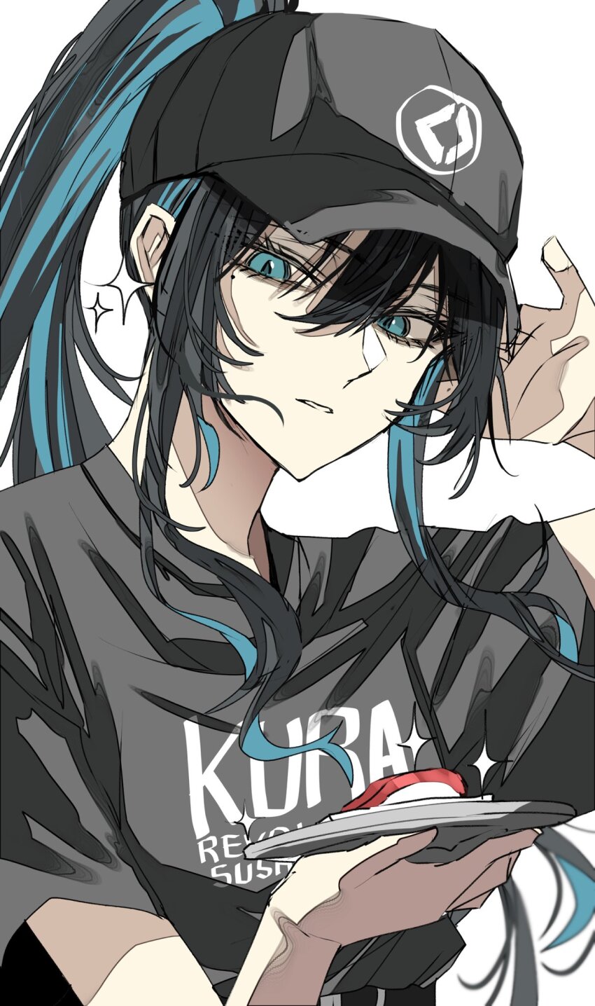 1girl, ado_(utaite), baseball_cap, black_hair, black_shirt, blue_eyes, blue_hair, chando_(ado), commentary, fish_(food), food, gunjyou_(gunjyou_00), hair_between_eyes, hat, highres, holding, holding_plate, kura_sushi, long_hair, looking_at_viewer, mole, mole_under_eye, multicolored_hair, nigirizushi, parted_lips, plate, ponytail, shirt, short_sleeves, sidelocks, simple_background, solo, sparkle, streaked_hair, sushi, upper_body, utaite, white_background