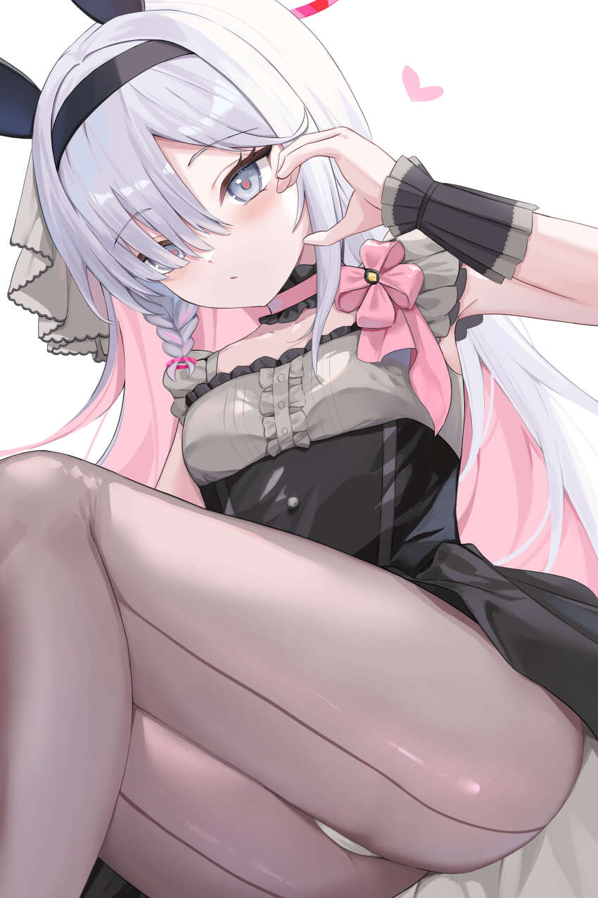 1girl, absurdres, black_dress, black_hairband, blue_archive, blunt_bangs, blush, bow