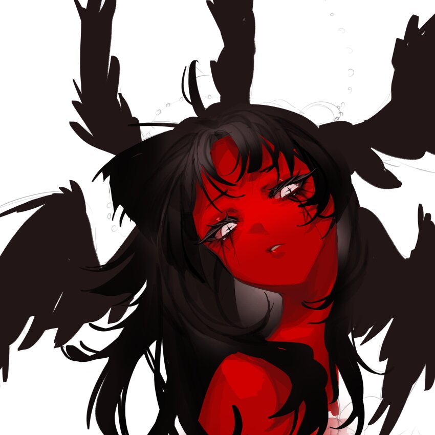 1girl, absurdres, black_hair, black_wings, colored_skin, cross-shaped_pupils, eyelashes, feathered_wings