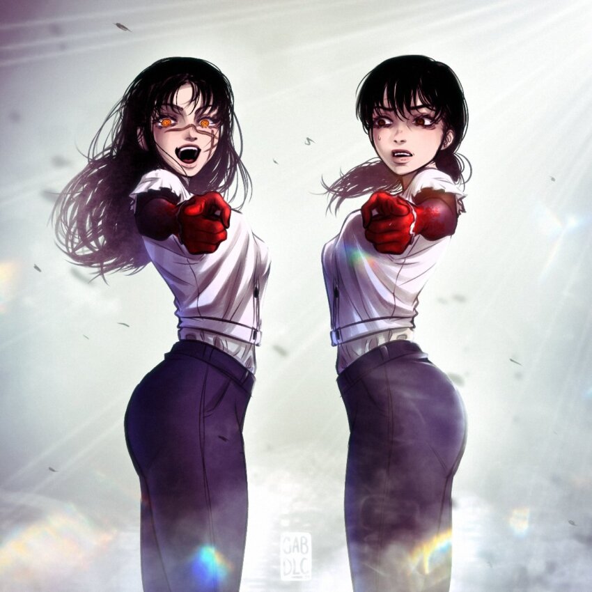 2girls, black_eyes, black_hair, black_pants, chainsaw_man, facial_scar, gabdlc, highres, long_hair, mitaka_asa, multiple_girls, open_mouth, pants, pointing, pointing_at_viewer, ringed_eyes, scar, scar_on_cheek, scar_on_face, shirt, shirt_tucked_in, torn_clothes, torn_sleeves, white_shirt, yellow_eyes, yoru_(chainsaw_man)