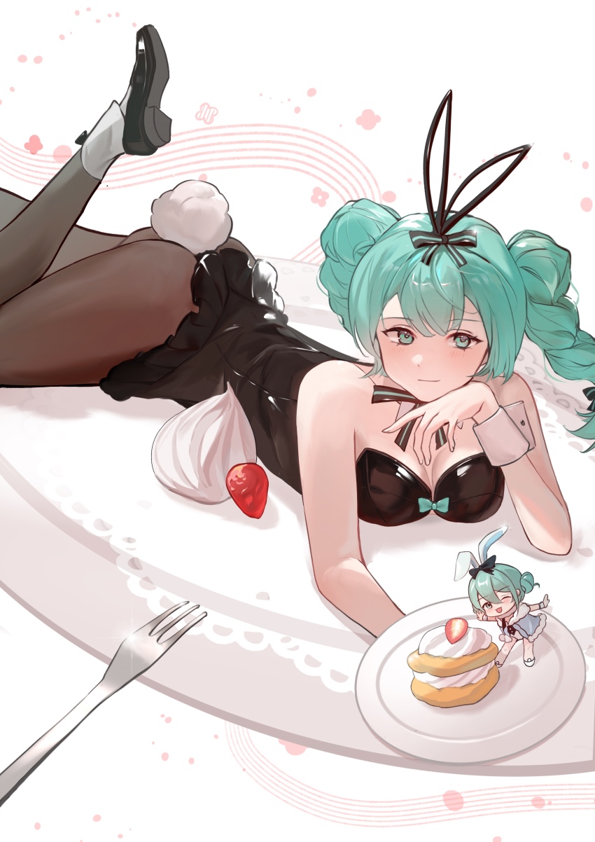 2girls, absurdres, animal_ears, anklet, aqua_bow, aqua_eyes, aqua_hair, bare_legs, bare_shoulders, bicute_bunnies_miku, bicute_bunnies_miku_(rurudo), bicute_bunnies_miku_(white_bunny), black_bow, black_bowtie, black_dress, black_footwear, blue_coat, bow, bow_button, bow_legwear, bowtie, braid, breasts, brown_pantyhose, chibi, closed_mouth, coat, cream_puff, dot_nose, dress, dual_persona, eyelashes, fake_animal_ears, fake_tail, flower, food, foot_out_of_frame, fork, frilled_dress, frills, fruit, fur-trimmed_coat, fur_trim, gleam, gushi_(pixiv_110264723), hair_bow, hair_bun, hand_on_own_chin, hatsune_miku, highres, holding, holding_plate, jewelry, light_blush, long_hair, looking_at_viewer, lying, mary_janes, medium_breasts, mini_person, minigirl, multiple_girls, multiple_hair_bows, on_plate, on_stomach, open_clothes, open_coat, open_mouth, pantyhose, plate, playboy_bunny, pom_pom_(clothes), rabbit_ears, rabbit_tail, shoes, short_dress, short_hair, single_side_bun, single_stripe, size_difference, smile, solo_focus, strapless, strapless_dress, strawberry, strawberry_slice, striped_bow, striped_bowtie, striped_clothes, tail, twin_braids, twintails, vocaloid, white_background, white_footwear, white_wrist_cuffs, wrist_cuffs