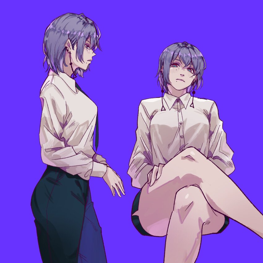 1girl, absurdres, black_pants, black_skirt, blue_eyes, chainsaw_man, collared_shirt, crossed_legs