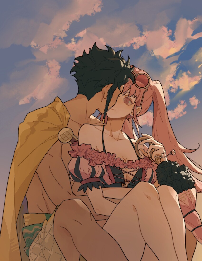 1boy, 1girl, absurdres, arm_around_another's_waist, bare_shoulders, bikini, black_hair, braid