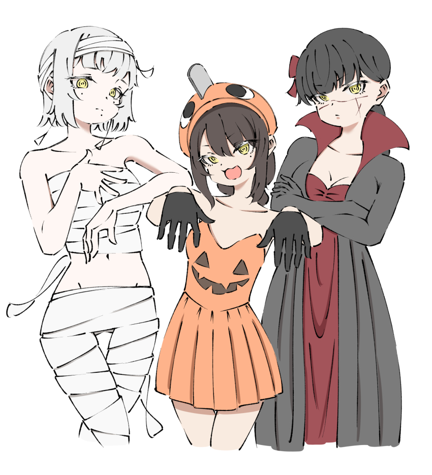 3girls, bandage_on_hair, bandaged_chest, bandages, black_gloves, black_hair, black_robe, breasts, chainsaw_man, character_costume, crossed_arms, dress, earrings, facial_scar, fami_(chainsaw_man), female_focus, gloves, halloween_costume, haromoti, hat, highres, jack-o'-lantern_print, jewelry, multiple_girls, multiple_moles, mummy, mummy_costume, naked_bandage, navel, nayuta_(chainsaw_man), open_mouth, orange_dress, orange_hat, pochita_(chainsaw_man), red_dress, ringed_eyes, robe, scar, scar_on_cheek, scar_on_face, small_breasts, vampire_costume, yellow_eyes, yoru_(chainsaw_man)