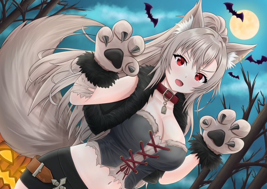 1girl, :o, absurdres, animal_ear_fluff, animal_ears, animal_hands, bare_tree, bat_(animal)