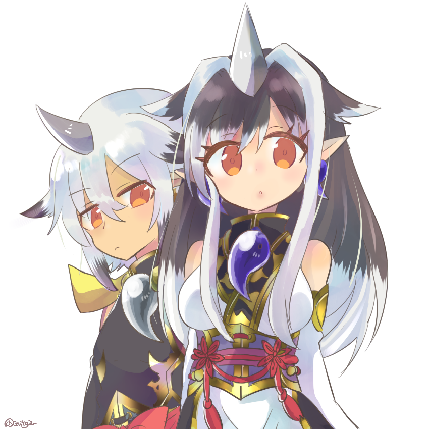1boy, 1girl, arms_behind_back, artist_name, artist_request, black_hair, breasts, chinese_clothes, confused, couple, earrings, gan_jiang_(puzzle_&amp;_dragons), horns, husband_and_wife, jade_(gemstone), jewelry, large_breasts, looking_at_viewer, mo_ye_(puzzle_&amp;_dragons), orange_eyes, pointy_ears, puzzle_&amp;_dragons, white_background, white_hair, yin_yang