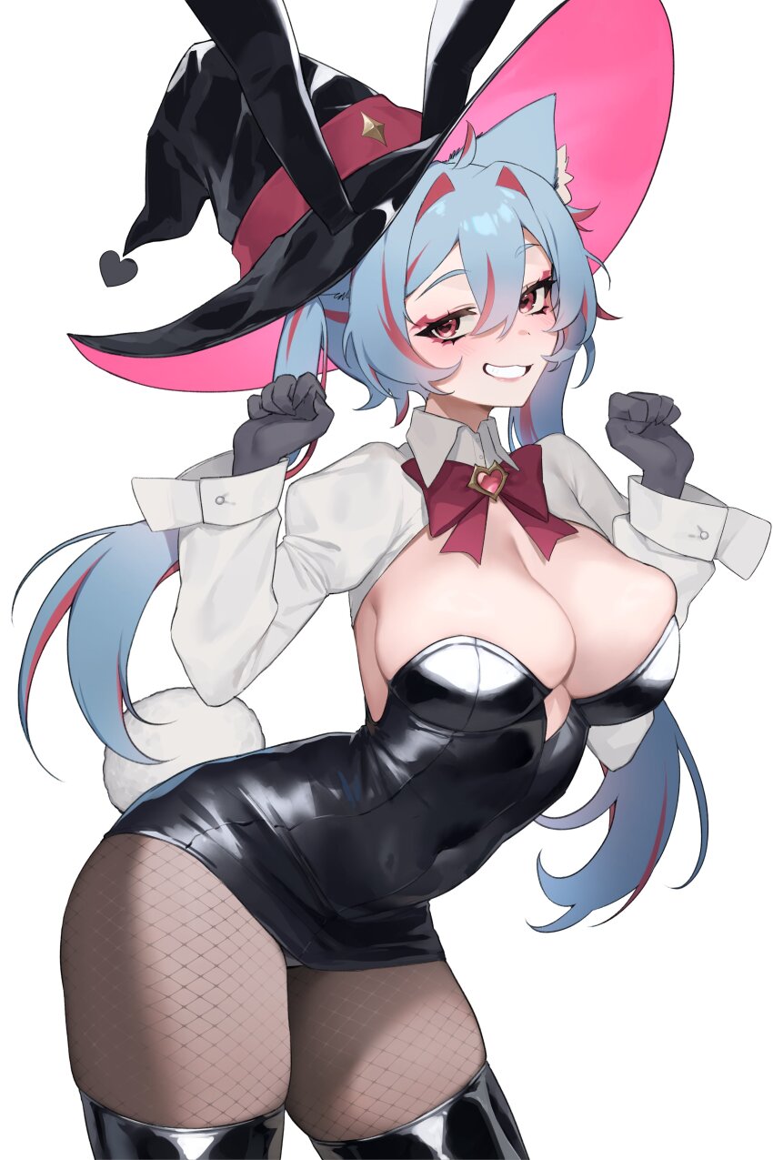 1girl, absurdres, animal_ears, arms_up, blue_hair, blush, breasts, dress