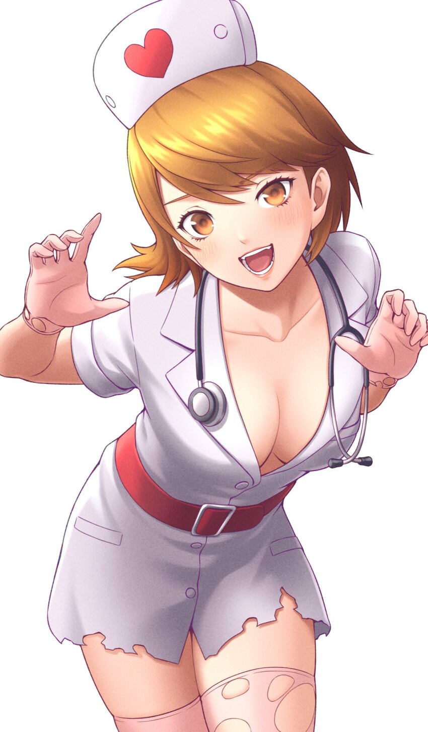 1girl, adapted_costume, belt, belt_buckle, blush, breasts, brown_eyes, brown_hair