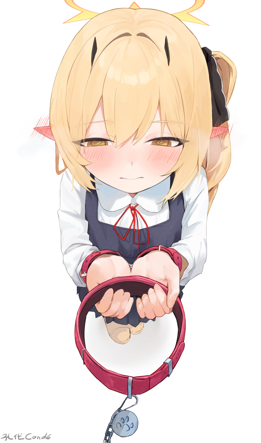 1girl, 240mmap, @_@, animal_collar, belt_collar, blonde_hair, blue_archive, blush, chain, closed_mouth, collar, cuffs, dress, ear_blush, halo, handcuffs, highres, holding, holding_collar, ibuki_(blue_archive), loli, offering_leash, pinafore_dress, pointy_ears, pov, shy, sleeveless, sleeveless_dress, solo, yellow_eyes