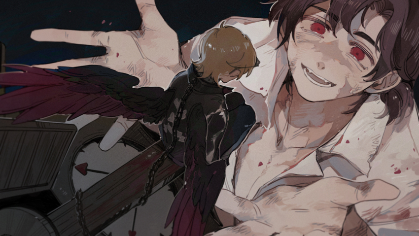 2boys, adapted_costume, bad_boys_(limited_life_smp), bird_boy, bird_wings, black_jacket, brown_hair, chain