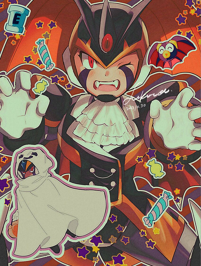 2boys, ascot, baron-0628, bass.exe_(mega_man), bass_(mega_man), black_helmet, facial_mark, fangs