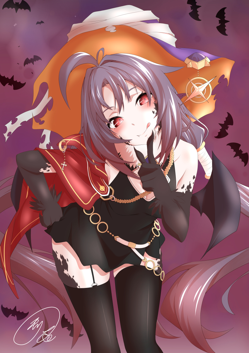 1girl, :q, abstract_background, absurdres, ahoge, alternate_costume, bandage_on_hat, bat_(animal), bat_wings, black_dress, black_thighhighs, blush, breasts, capelet, closed_mouth, commentary, commentary_request, dress, elbow_gloves, english_commentary, garter_straps, gloves, halloween, hat, highres, long_hair, looking_at_viewer, low_wings, maximum7010, mixed-language_commentary, ponytail, purple_background, purple_hair, purple_hat, red_capelet, red_eyes, scar, scar_across_eye, scar_on_face, short_dress, signature, single_bare_shoulder, skindentation, small_breasts, smile, solo, straight_hair, sword_art_online, thighhighs, tongue, tongue_out, wings, witch, witch_hat, yuuki_(sao), zettai_ryouiki