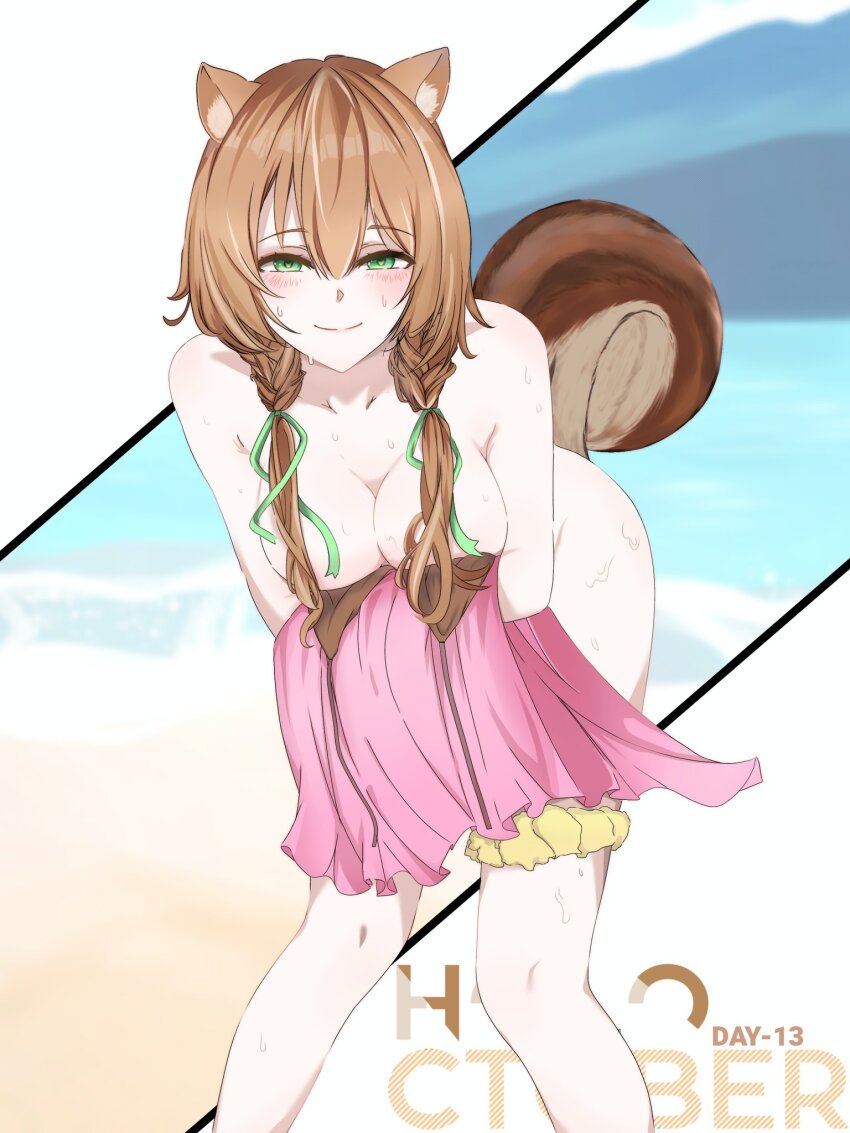 1girl, aion_tesla, animal_ears, ayunda_risu, beach, blush, fluffy, green_eyes, highres, holding, holding_unworn_clothes, hololive, hololive_indonesia, looking_at_viewer, nude, solo, squirrel_ears, squirrel_girl, squirrel_tail, sweat, sweatdrop, tail, twintails, virtual_youtuber