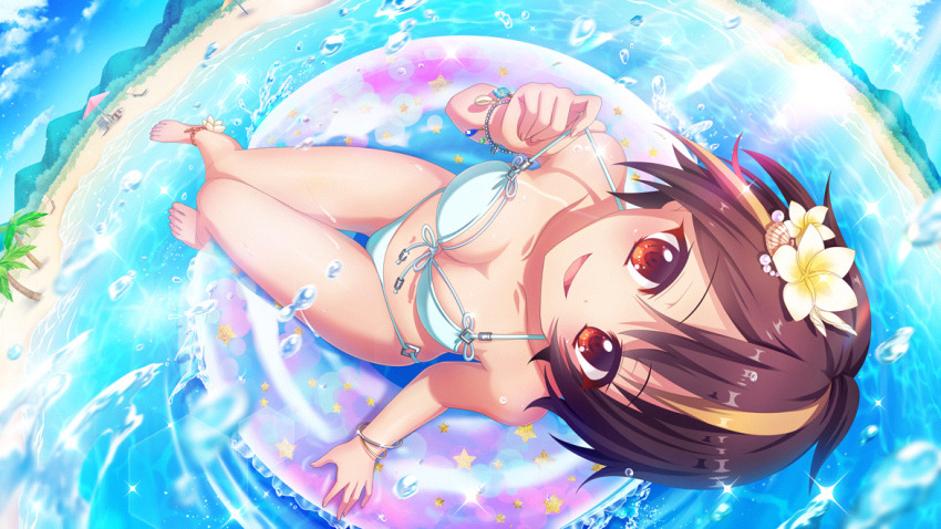 1girl, ankle_flower, anklet, bandou_mikuru, barefoot, beach, beach_umbrella, bead_bracelet