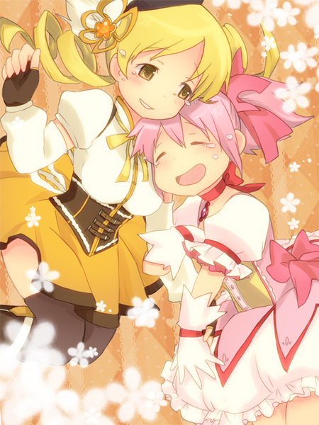 10s, 2girls, blonde_hair, breasts, bubble_skirt, corset, detached_sleeves, drill_hair, fingerless_gloves, gloves, hug, kaname_madoka, kaname_madoka_(magical_girl), magical_girl, mahou_shoujo_madoka_magica, mahou_shoujo_madoka_magica_(anime), multiple_girls, noko351, pink_eyes, pink_hair, short_twintails, skirt, tears, thighhighs, tomoe_mami, tomoe_mami_(magical_girl), twintails, yellow_eyes