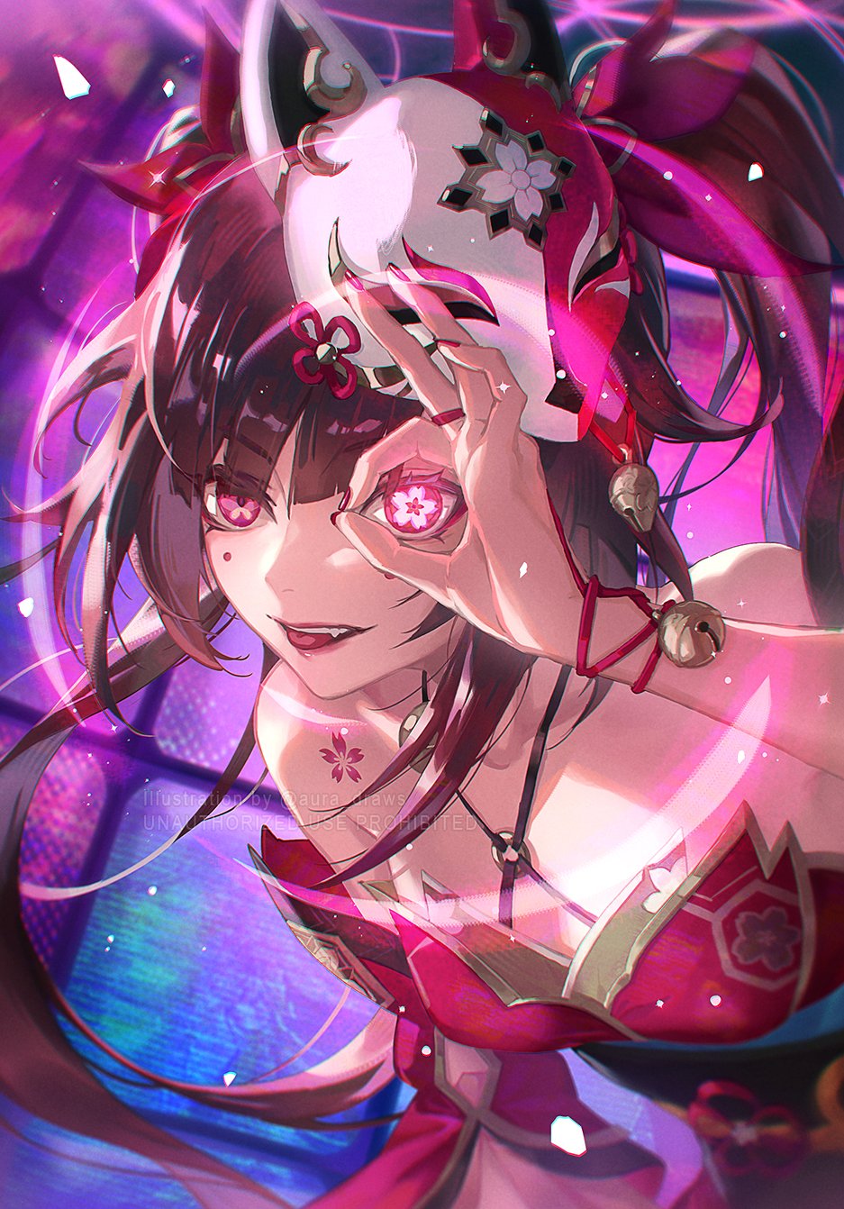 1girl, aura_draws, bare_shoulders, black_hair, black_sash, criss-cross_halter, dress, facial_mark