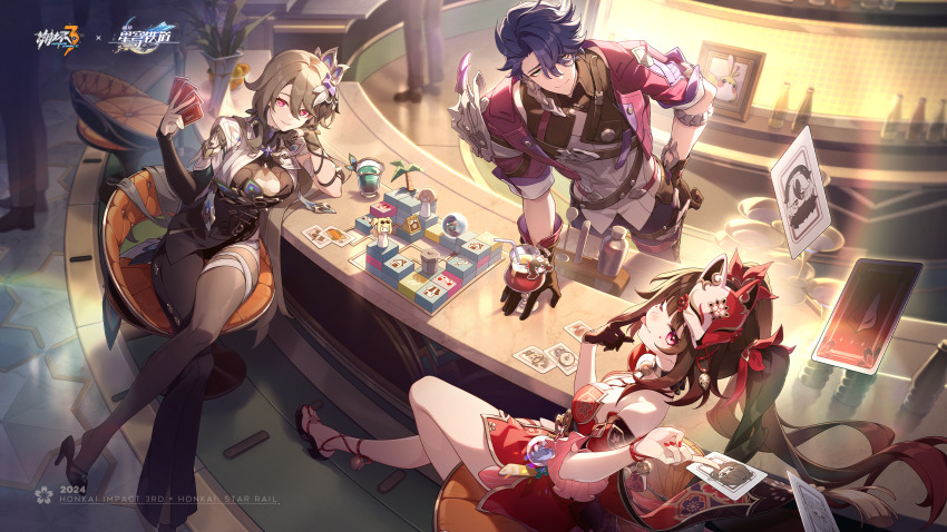 1boy, 2girls, 2others, ;), ;p, bare_shoulders, black_dress, black_footwear