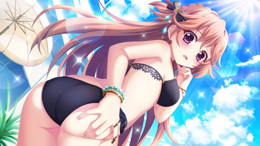 1girl, aqua_gem, ass, ass_focus, beach_umbrella, bead_bracelet, beads, bikini