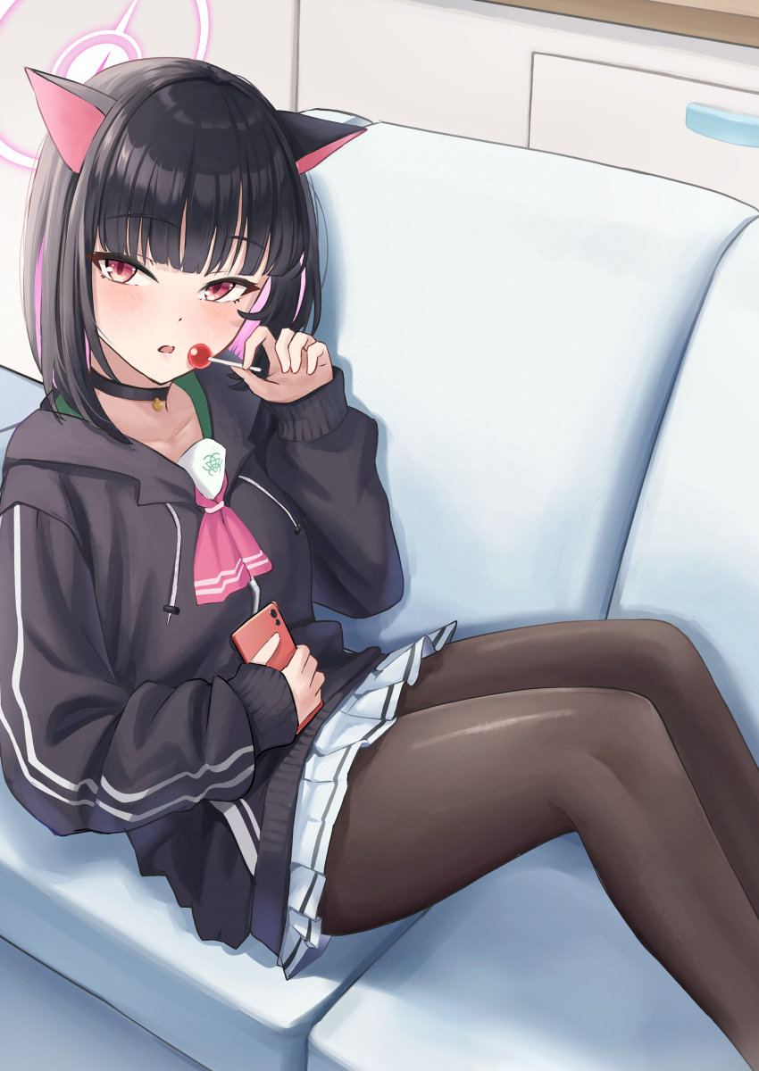 1girl, absurdres, animal_ears, black_choker, black_hair, black_jacket, black_pantyhose, blue_archive