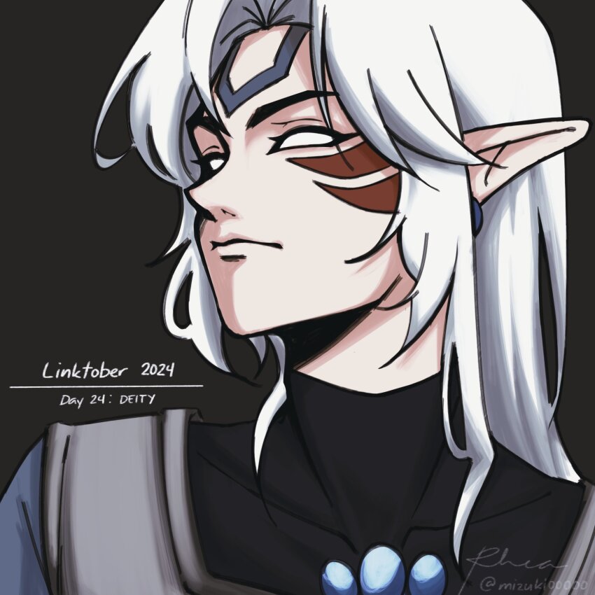 1boy, 2024, armor, black_background, blank_eyes, dated, fierce_deity, hat, highres, link, nintendo, pointy_ears, portrait, rh_mizuki, smile, solo, the_legend_of_zelda, the_legend_of_zelda:_majora's_mask, white_hair