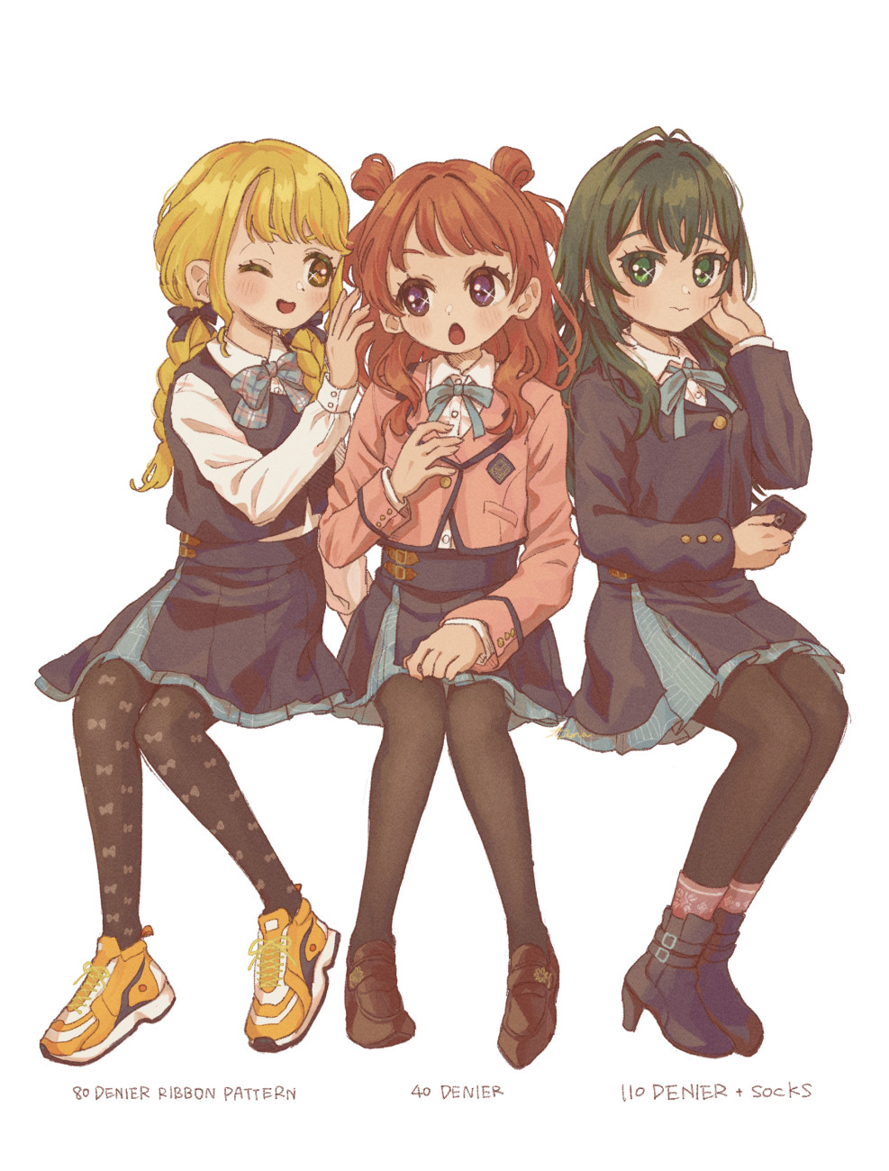 3girls, :o, ;d, antenna_hair, black_pantyhose, blazer, blonde_hair, blue_overskirt