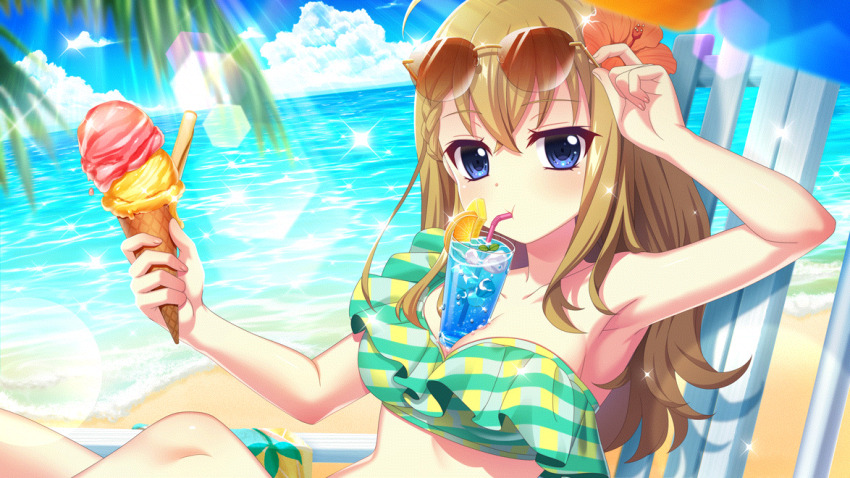 1girl, :t, adjusting_eyewear, ahoge, arm_up, armpits, beach, between_breasts