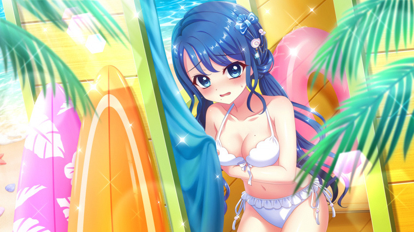 1girl, alternate_hairstyle, arm_under_breasts, beach, bikini, blue_bow, blue_eyes, blue_hair, blush, bow, breasts, cleavage, collarbone, cowboy_shot, dot_nose, dutch_angle, embarrassed, film_grain, frilled_bikini, frills, futaba_shiho, game_cg, hair_bow, hair_ornament, innertube, izumi_tsubasu, lens_flare, long_hair, looking_at_viewer, low_twintails, medium_breasts, mole, mole_on_breast, mole_under_mouth, navel, non-circular_lens_flare, non-web_source, official_art, open_mouth, re:stage!, seashell, self-datamine, shell, shell_hair_ornament, small_sweatdrop, solo, sparkle, starfish, surfboard, swim_ring, swimsuit, transparent_innertube, twintails