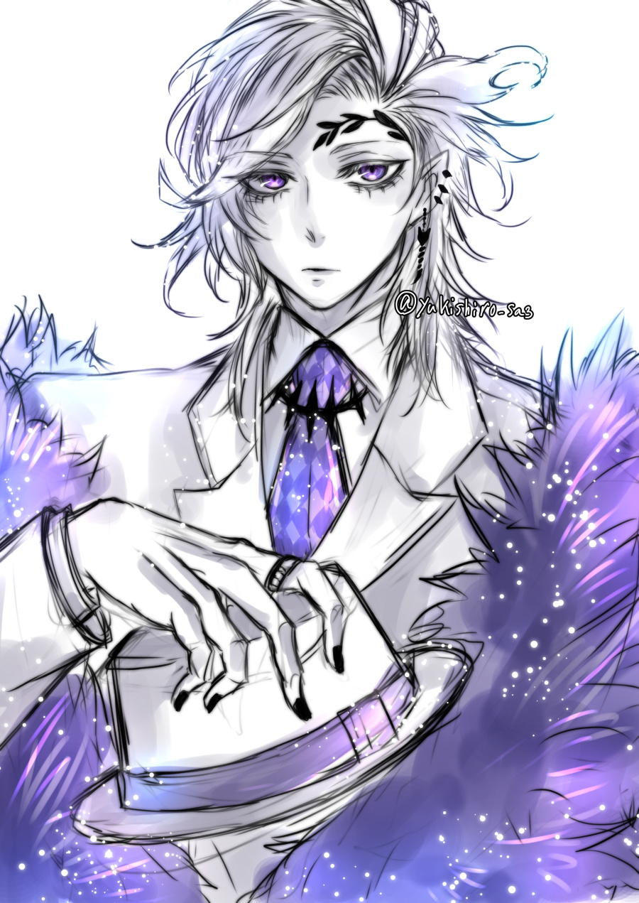 1boy, black_nails, choker, closed_mouth, collared_shirt, ear_piercing, earrings, facial_tattoo