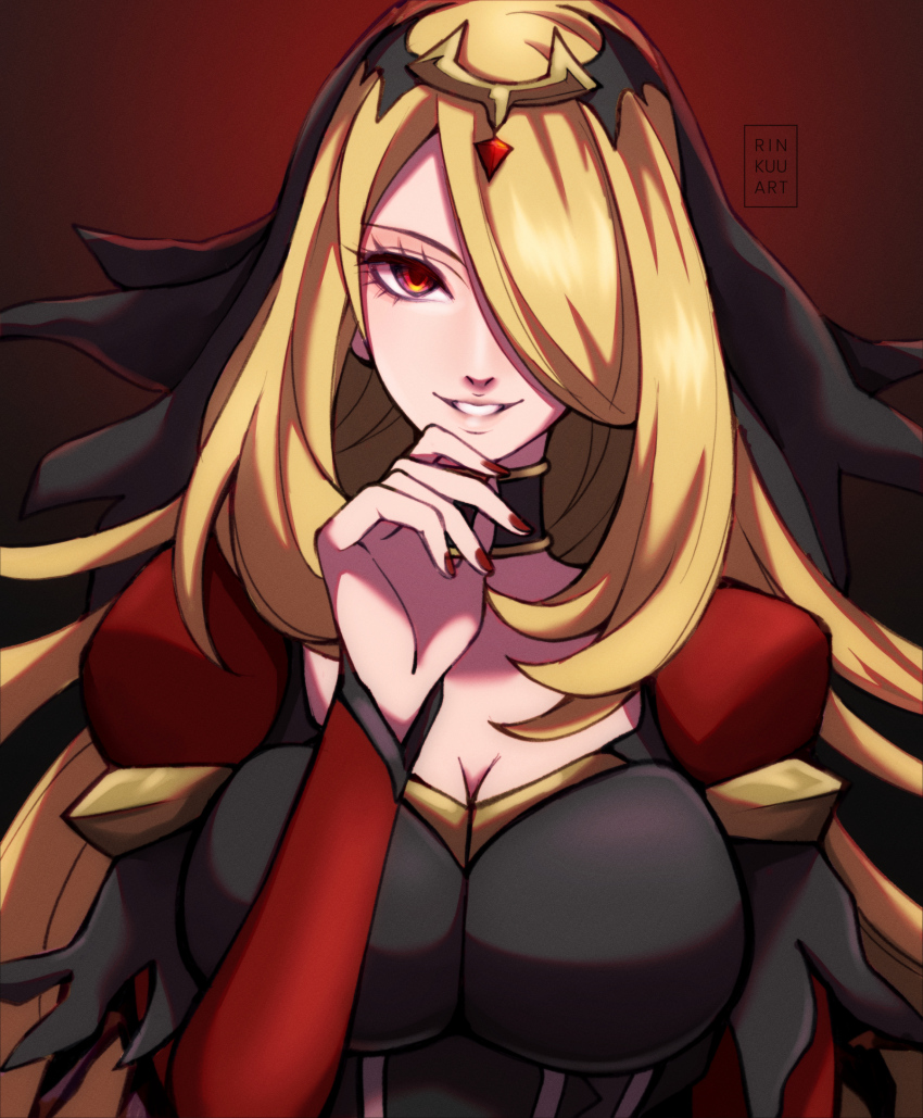 1girl, black_dress, blonde_hair, breasts, commentary, cynthia_(pokemon), cynthia_(sygna_suit)_(renegade)_(pokemon), dress, english_commentary, fingernails, grin, hair_over_one_eye, highres, large_breasts, long_hair, nintendo, official_alternate_costume, one_eye_covered, pokemon, pokemon_masters_ex, red_background, red_eyes, red_nails, red_sleeves, rinkuu_art, simple_background, smile, solo, veil, very_long_hair