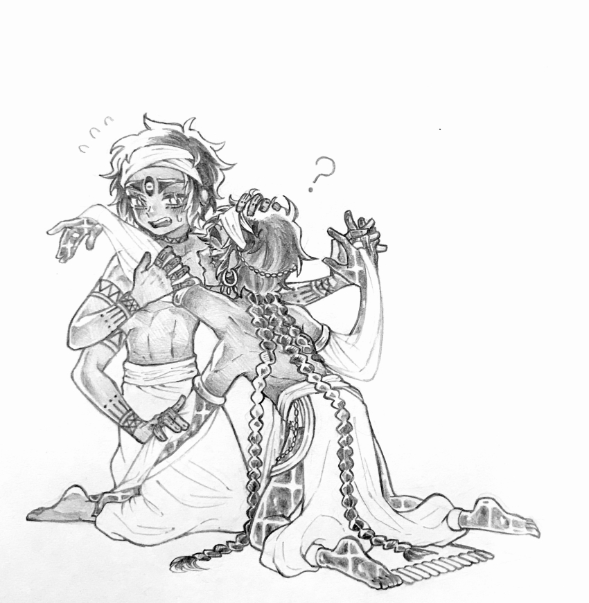 2boys, ?, absurdres, alternate_costume, alternate_hairstyle, arm_tattoo, arms_up, baggy_pants