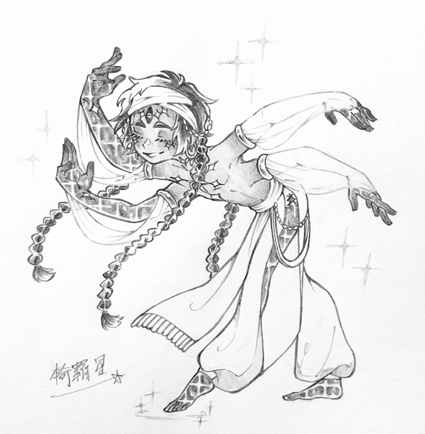 1boy, alternate_costume, alternate_hairstyle, arm_tattoo, arms_up, baggy_pants, bandana, bowing