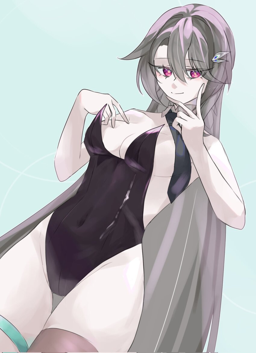 1girl, black_leotard, black_necktie, black_thighhighs, breasts, cleavage, closed_mouth, collar, commentary, cowboy_shot, detached_collar, from_below, grey_hair, hair_between_eyes, hair_ornament, hand_on_own_face, highres, honkai_(series), honkai_impact_3rd, korean_commentary, large_breasts, leotard, long_hair, mmaayyooccaatt, necktie, red_eyes, single_thighhigh, smile, solo, strapless, strapless_leotard, thigh_strap, thighhighs, very_long_hair, vita_(honkai_impact), white_collar, yellow_eyes