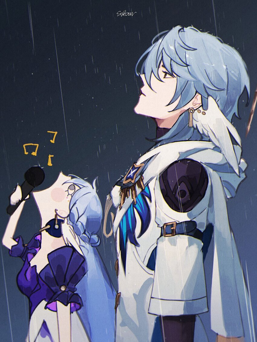 1boy, 1girl, bare_shoulders, black_background, black_shirt, blue_hair, blush_stickers, braid