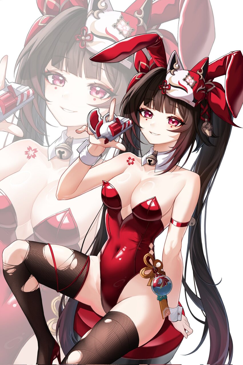 1girl, alternate_breast_size, alternate_costume, animal_ears, armband, bare_shoulders, bell, black_thighhighs