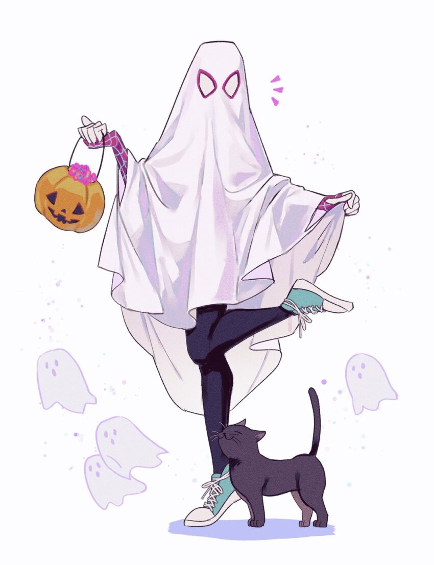 1girl, animal, animal_ears, black_bodysuit, black_cat, blue_footwear, bodysuit, bucket