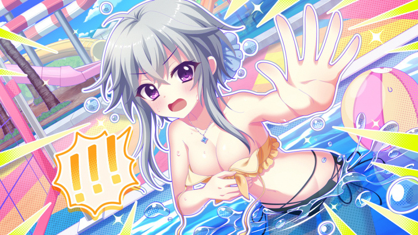 !, !!, 1girl, ahoge, ball, beachball, ben-day_dots, bikini