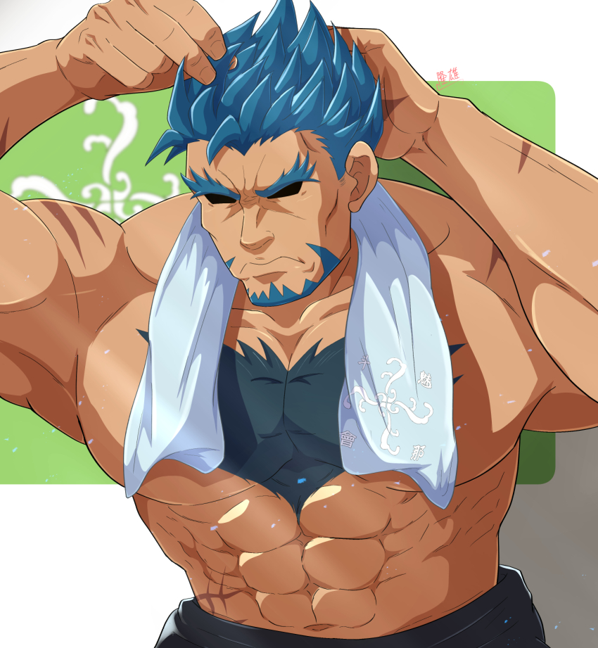 1boy, abs, adjusting_hair, bara, beard, blue_facial_hair, blue_hair, bucchigiri?!