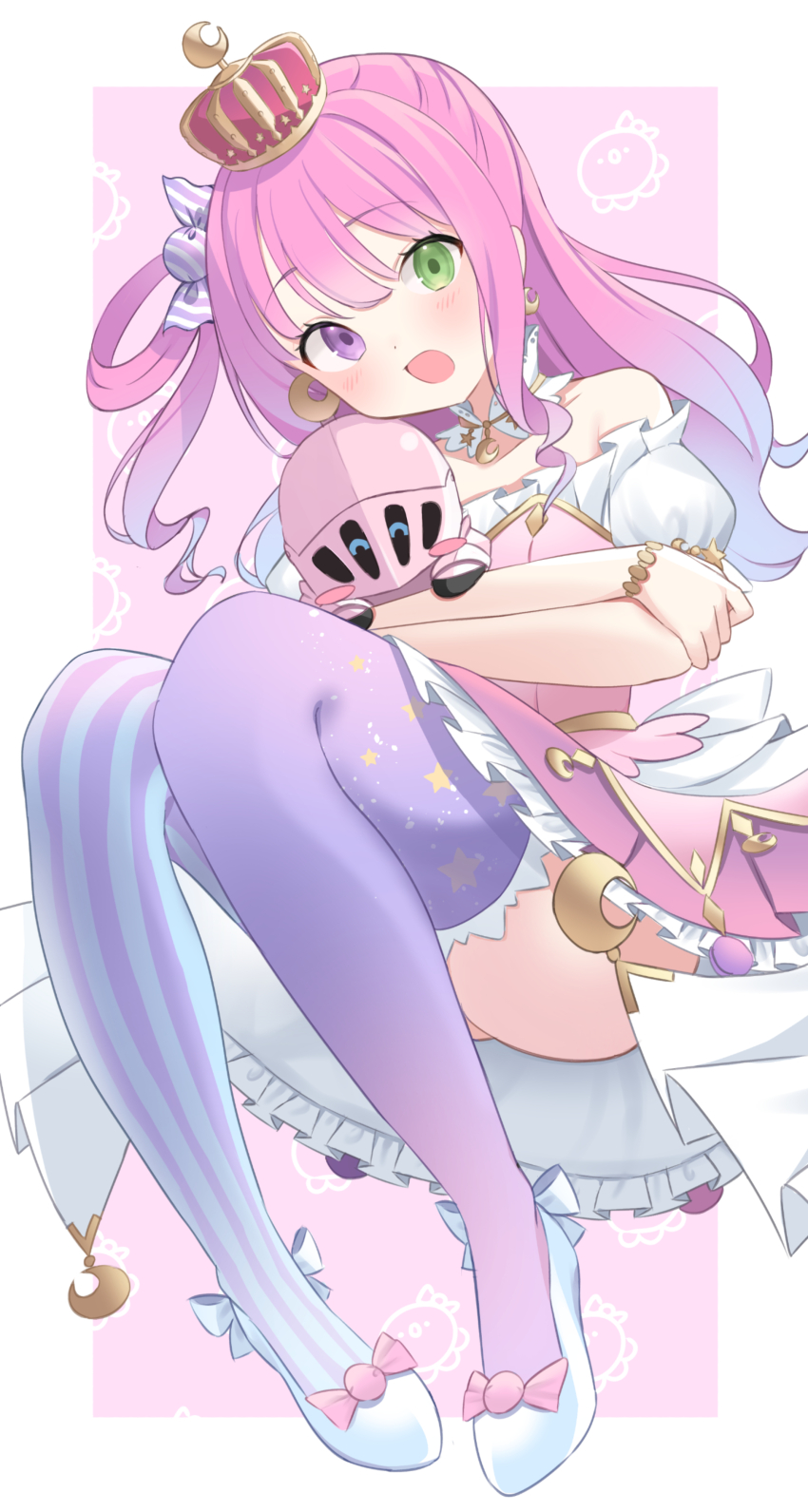 1girl, absurdres, blue_footwear, bracelet, candy_hair_ornament, crescent, crescent_earrings, crescent_necklace