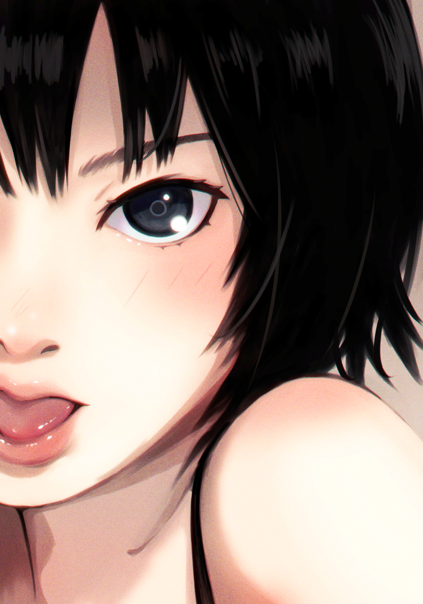 1girl, absurdres, amagami, bare_shoulders, black_camisole, black_eyes, black_hair, blush