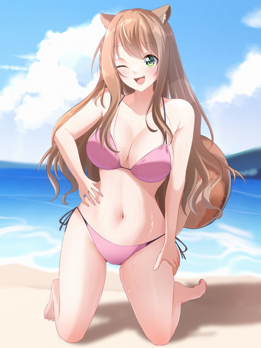 1girl, absurdres, animal_ears, arm_up, ayunda_risu, barefoot, beach, bikini, bra, breasts, brown_hair, feet, green_eyes, highres, hololive, hololive_indonesia, long_hair, looking_at_viewer, medium_breasts, navel, one_eye_closed, panties, pink_bikini, pink_bra, pink_panties, solo, squirrel_ears, squirrel_girl, squirrel_tail, string_bikini, summer, sussyjoe_08, swimsuit, tail, underwear, virtual_youtuber