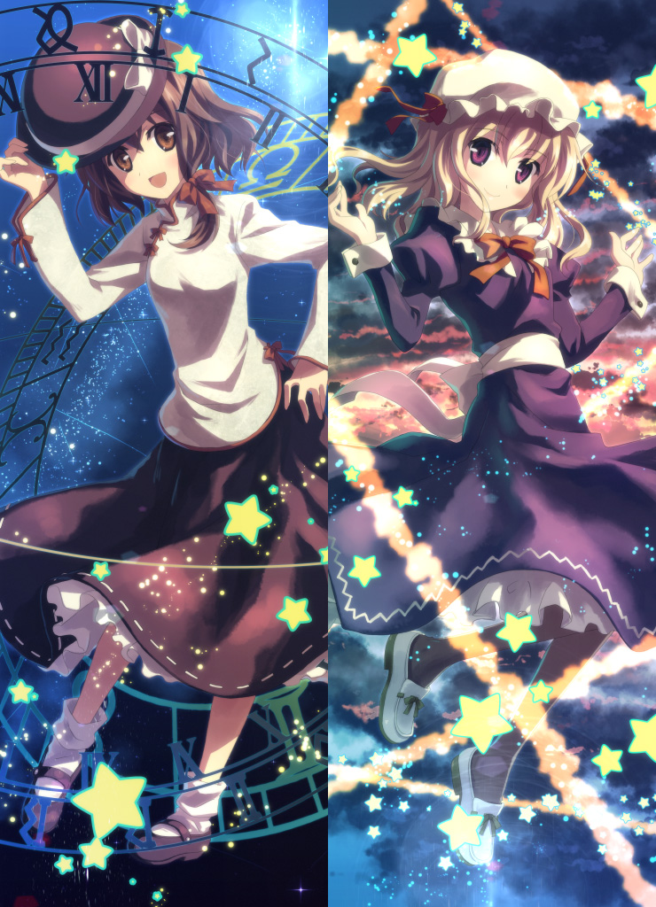 2girls, black_pantyhose, blonde_hair, brown_eyes, brown_hair, chinese_clothes, dress, female_focus