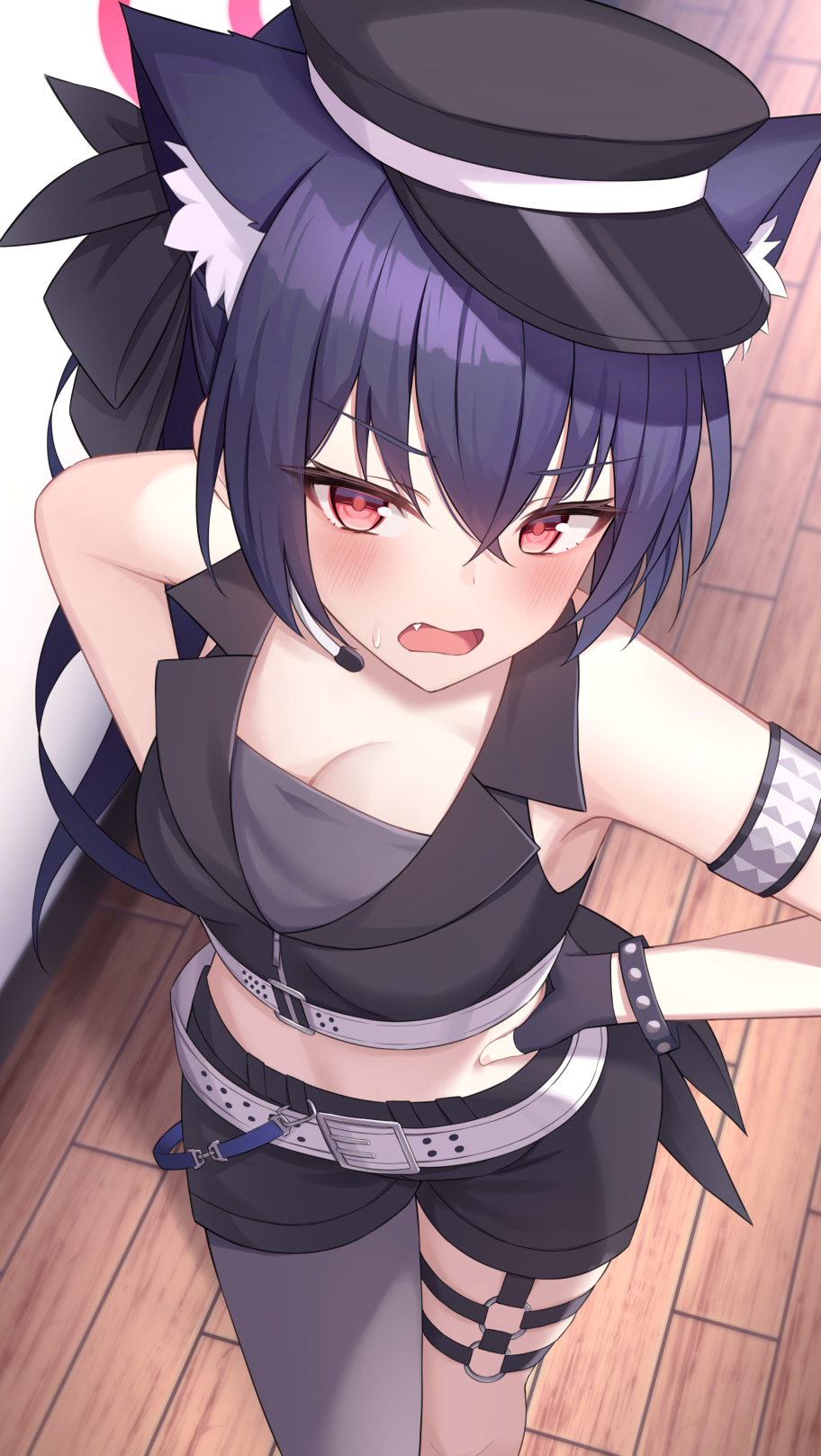 1girl, animal_ear_fluff, animal_ears, blue_archive, cat_ears, earpiece, extra_ears, fuka_kurotsuji, halo, hat, highres, idol, idol_clothes, official_alternate_costume, official_alternate_hairstyle, peaked_cap, pink_halo, serika_(blue_archive), serika_(idol)_(blue_archive), solo