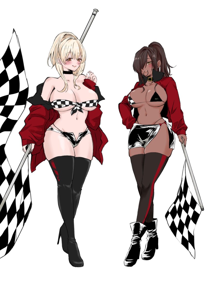 2girls, belt_collar, bikini, breasts, checkered_bikini, checkered_clothes, checkered_flag, choker
