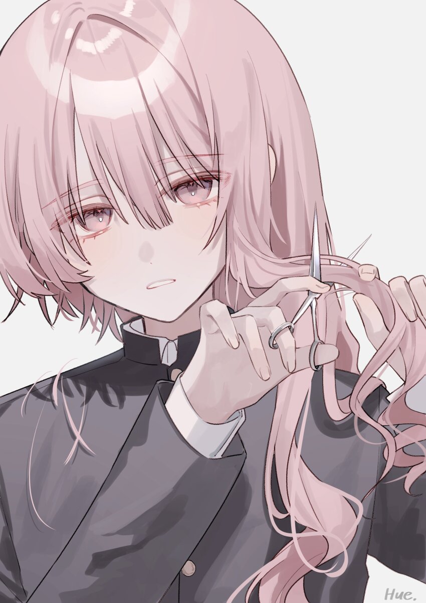 1other, absurdres, akiyama_mizuki, black_jacket, blunt_bangs, cutting_hair, gakuran, grin
