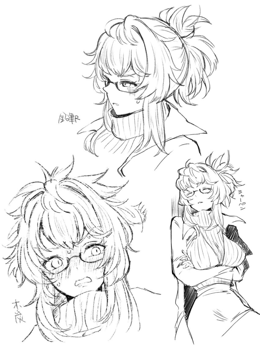 1girl, abe_(nikke), blush, breasts, crossed_arms, glasses, goddess_of_victory:_nikke, greyscale